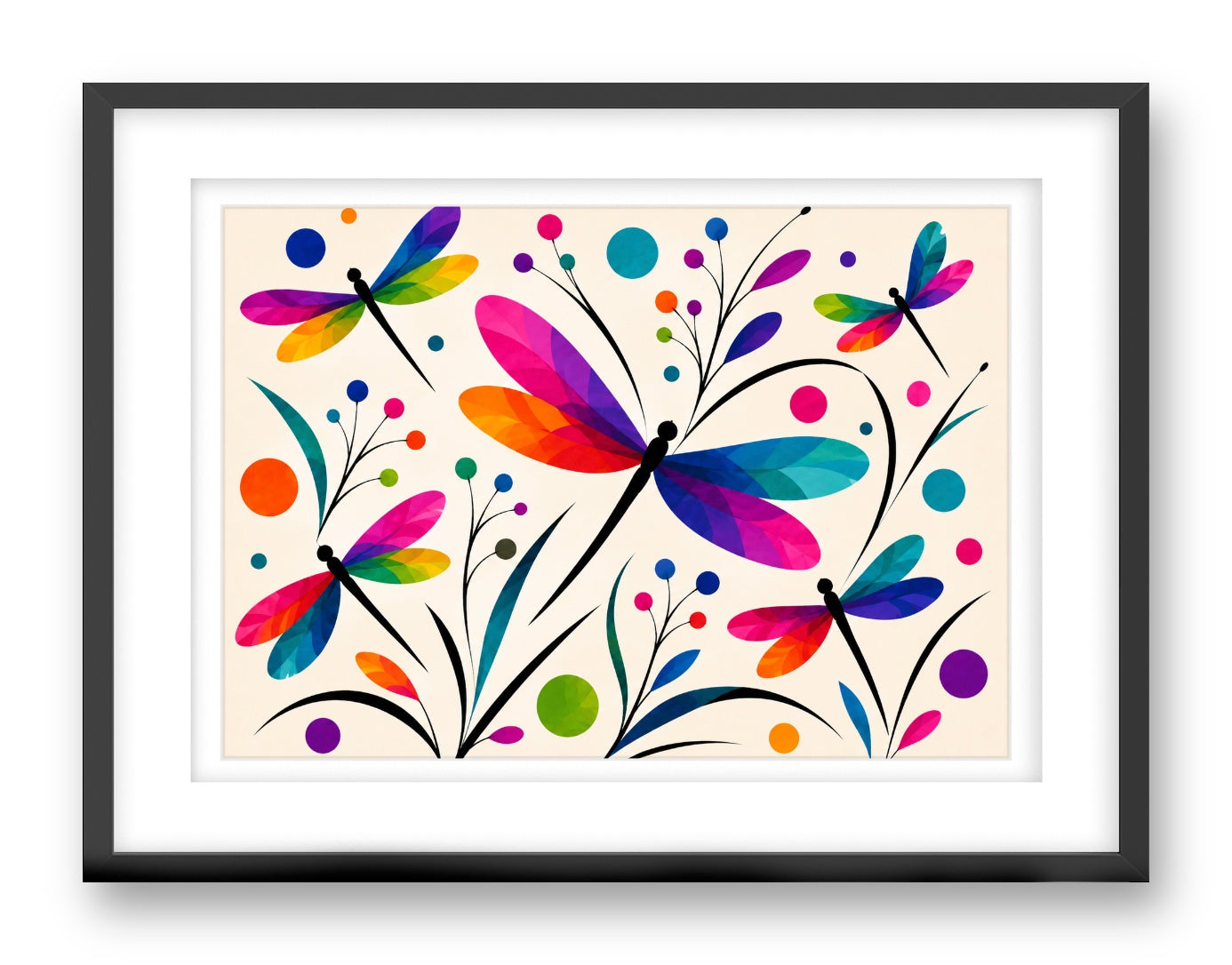 Dragonflies printed on fine art paper, framed on a black frame and matted.