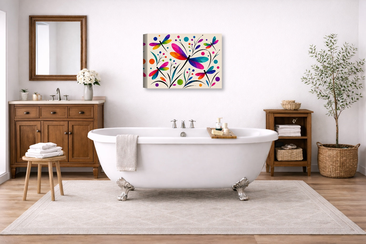 Dragonflies - Geometric Painting printed on canvas wall art displayed on a bathroom wall .