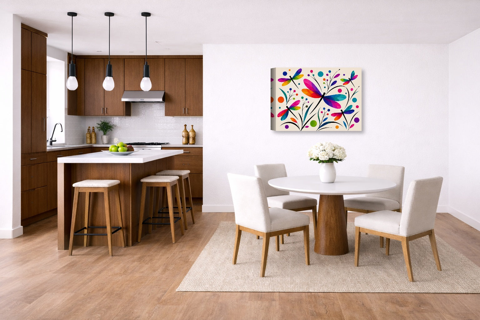 Dragonflies - Geometric Painting printed on canvas wall art displayed on a wall in a dinette.