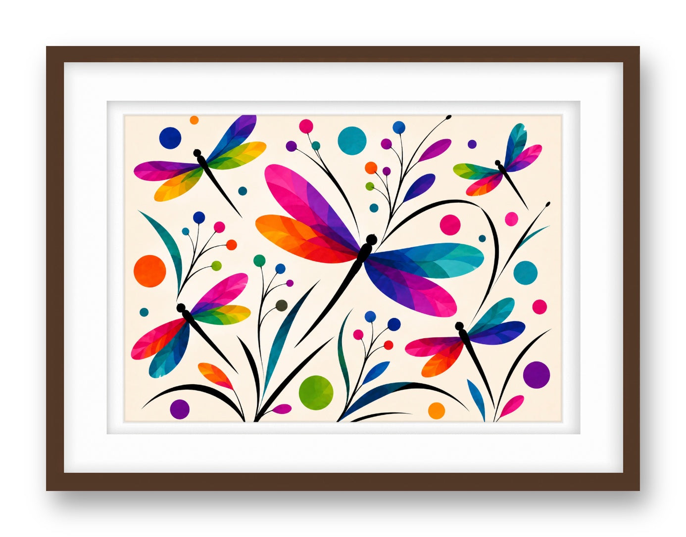 Dragonflies printed on fine art paper, framed on a espresso frame and matted.