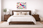 Dragonflies - Geometric Painting printed on aluminum metal with wall anchors. Hung on a bedroom wall.