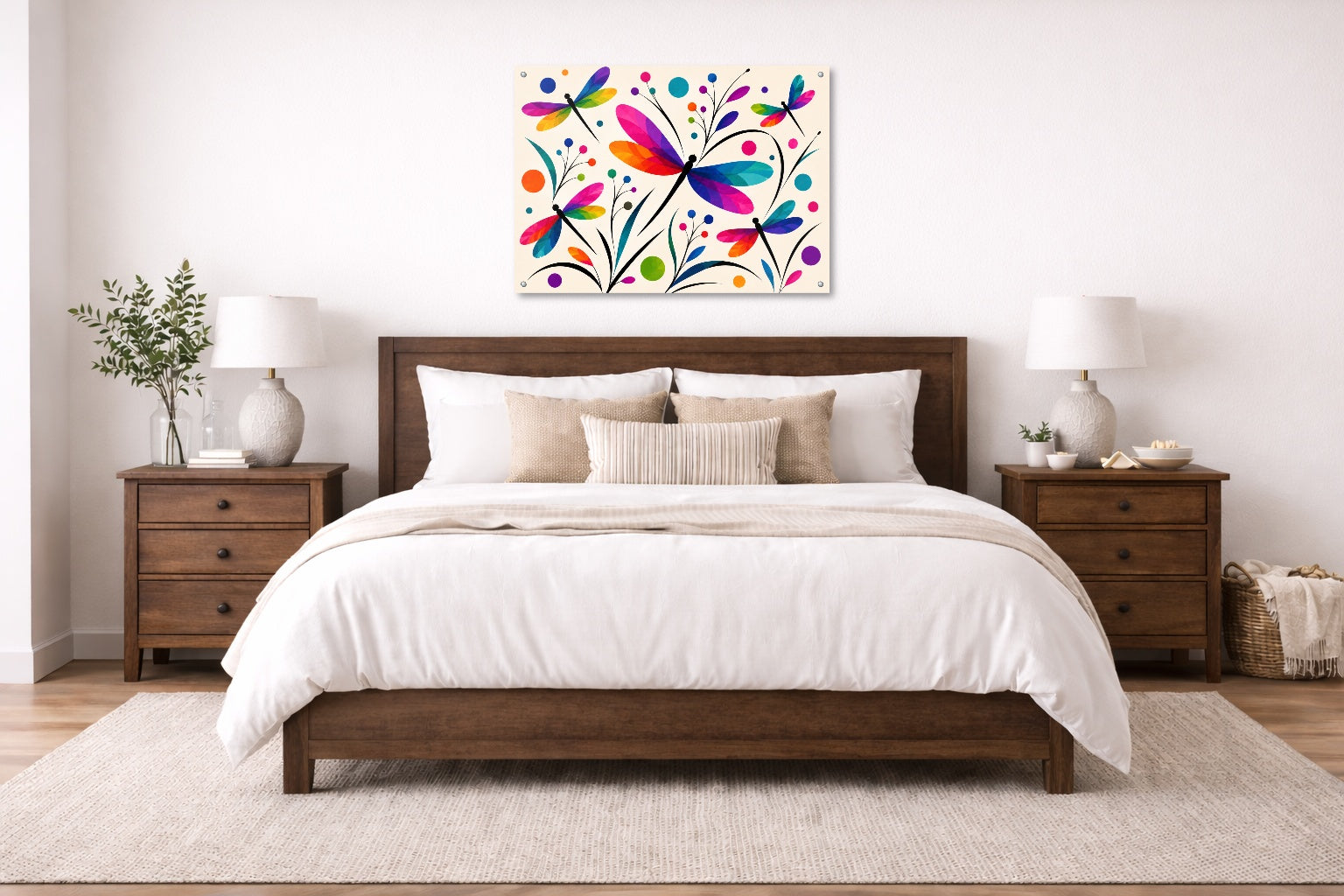 Dragonflies - Geometric Painting printed on aluminum metal with wall anchors. Hung on a bedroom wall.