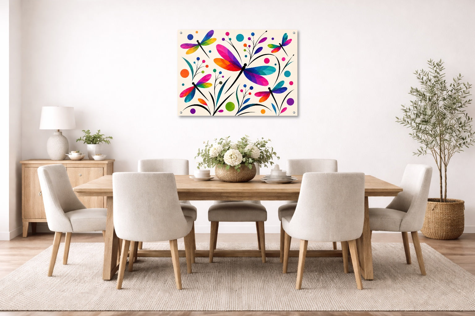 Dragonflies - Geometric Painting printed on aluminum metal with wall anchors. Hung on a dining room wall.