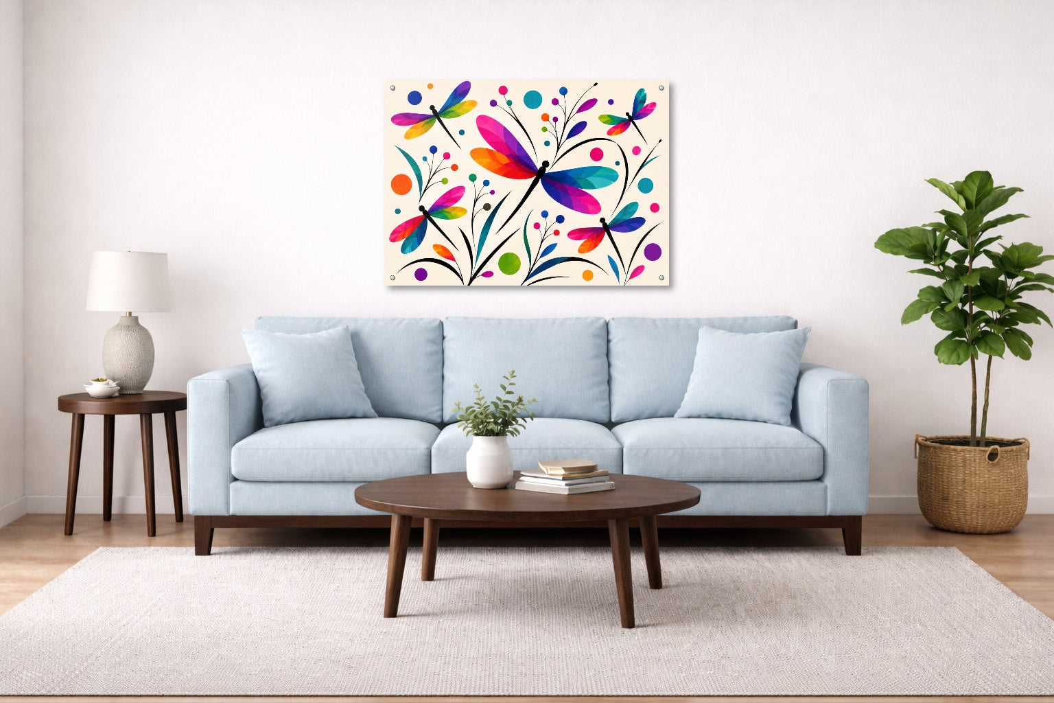 Dragonflies - Geometric Painting printed on aluminum metal with wall anchors. Hung on a living room wall.