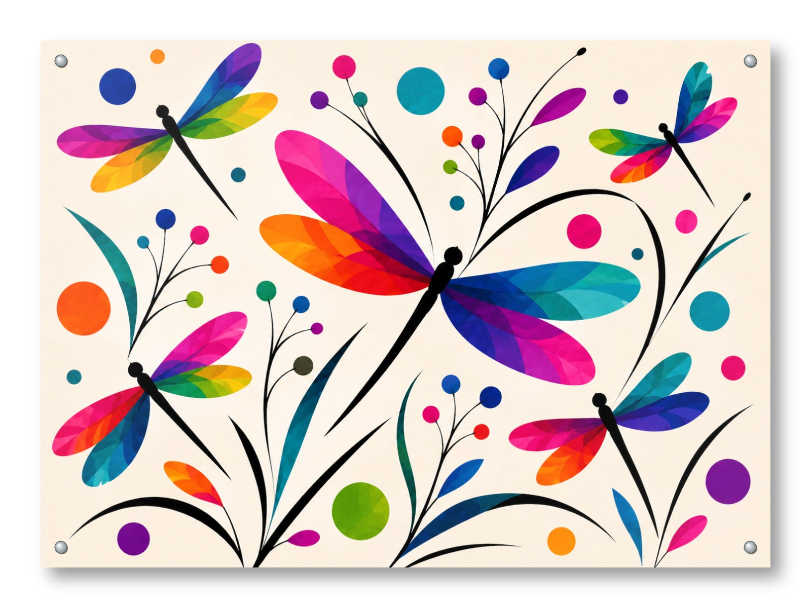 Dragonflies printed on aluminum metal with wall anchors.