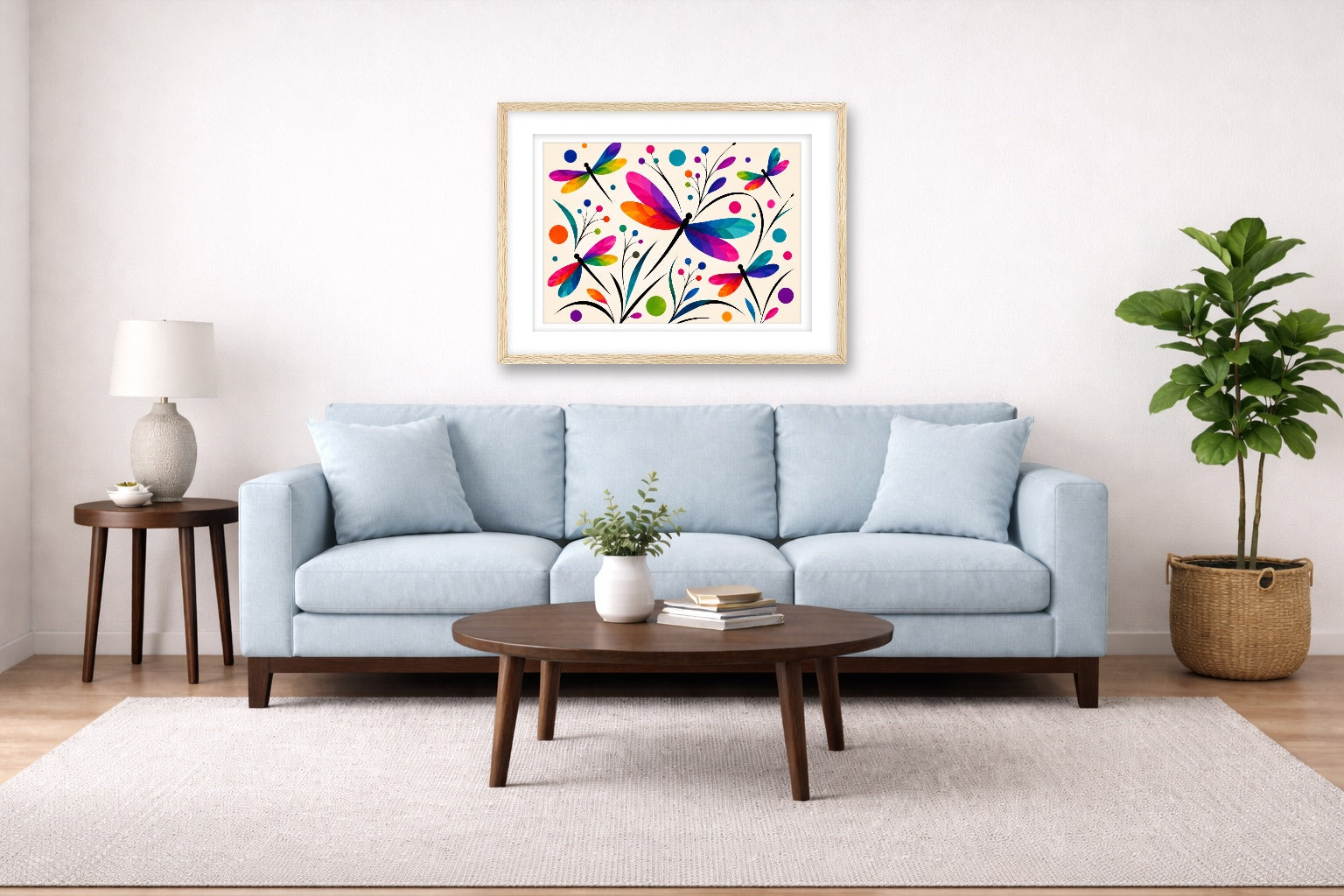 Dragonflies - Geometric Painting printed on fine art paper, framed on a oak frame and matted. Hung on a living room wall.