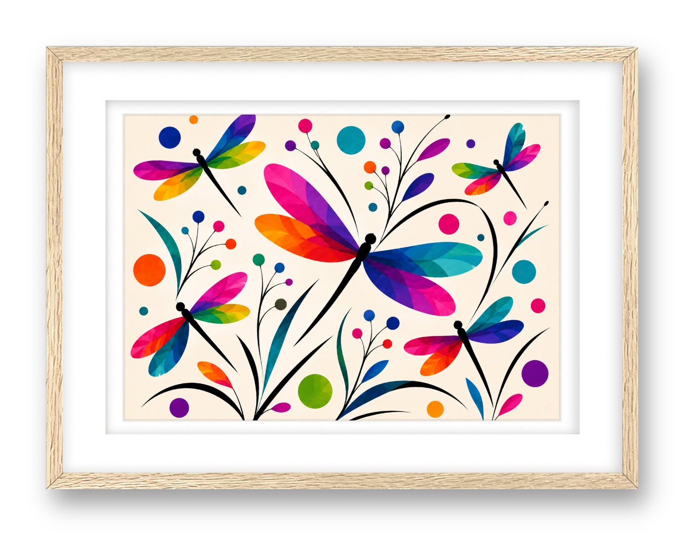 Dragonflies printed on fine art paper, framed on a oak frame and matted.