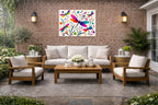 Dragonflies - Geometric Painting printed on water resistant canvas and mounted on a waterproof frame. Hung on a patio wall.