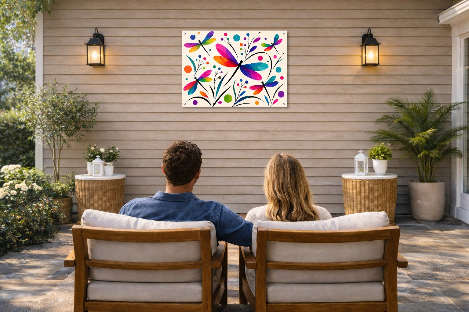 Dragonflies - Geometric Painting printed on water resistant canvas and mounted on a waterproof frame. Hung on a patio wall with couple.