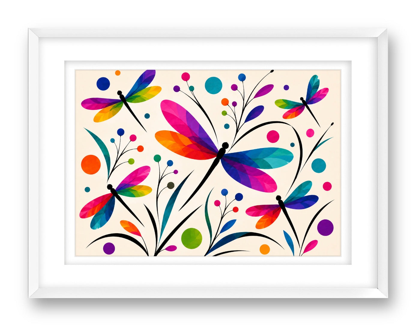 Dragonflies printed on fine art paper, framed on a white frame and matted.