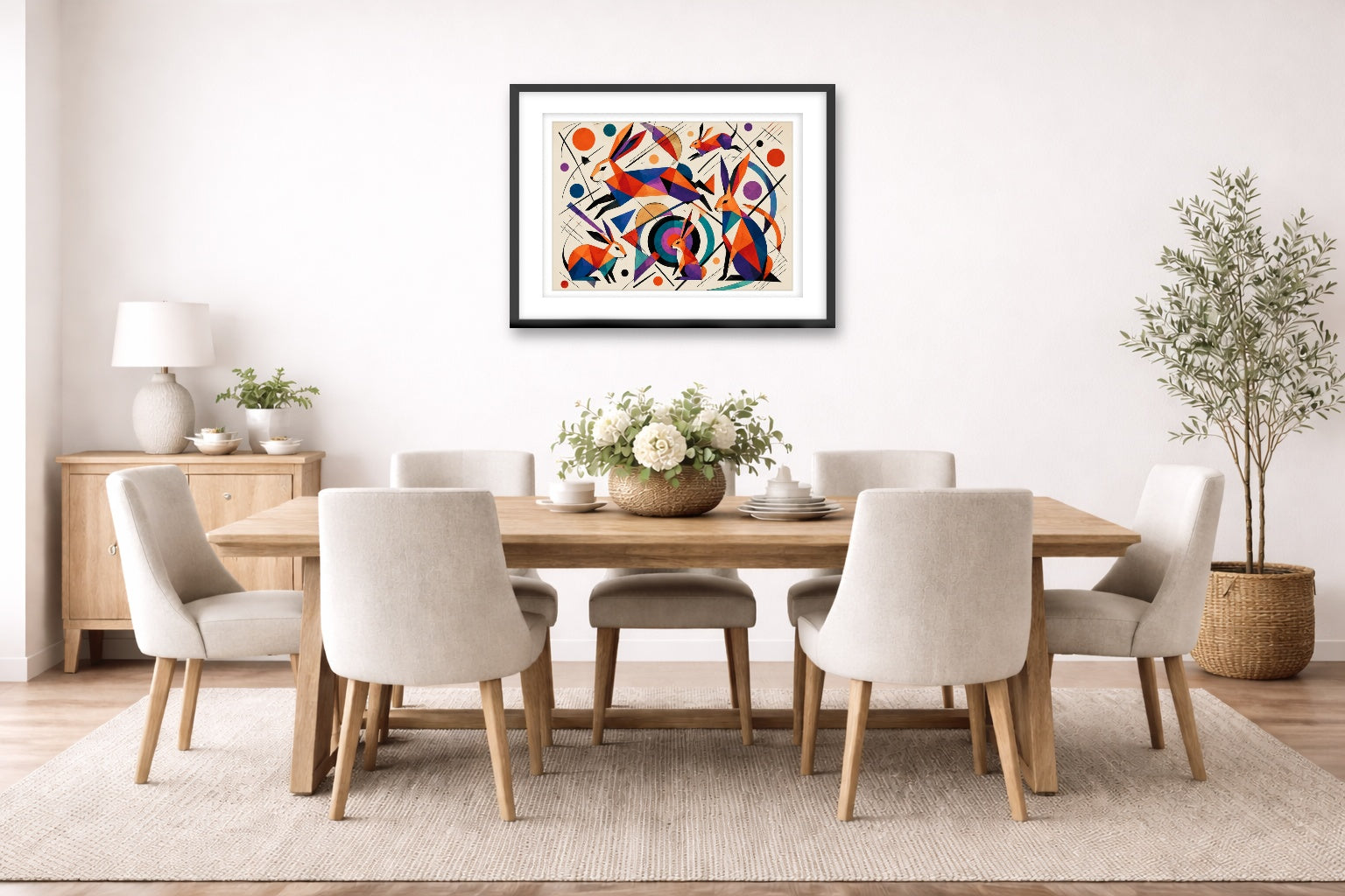 Wild Rabbits - Geometric Painting printed on fine art paper, framed on a black frame and matted and hung on a dining room wall.