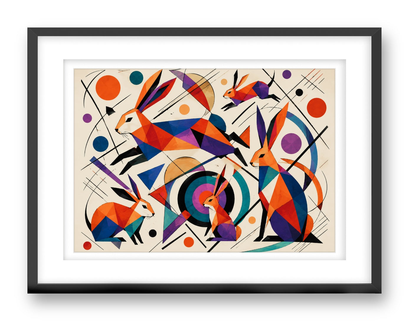 Wild Rabbits printed on fine art paper, framed on a black frame and matted.