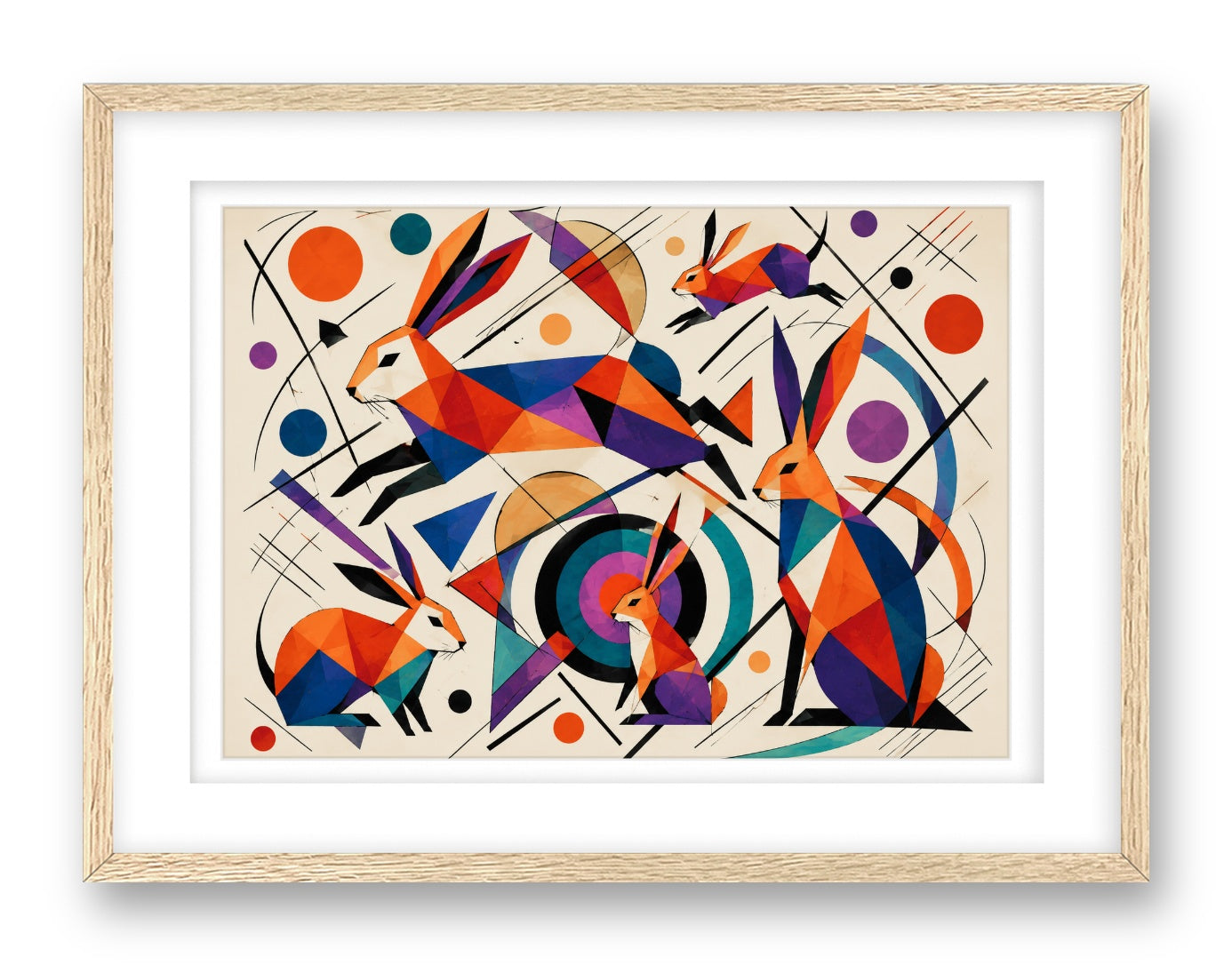 Wild Rabbits printed on fine art paper, framed on a oak frame and matted.