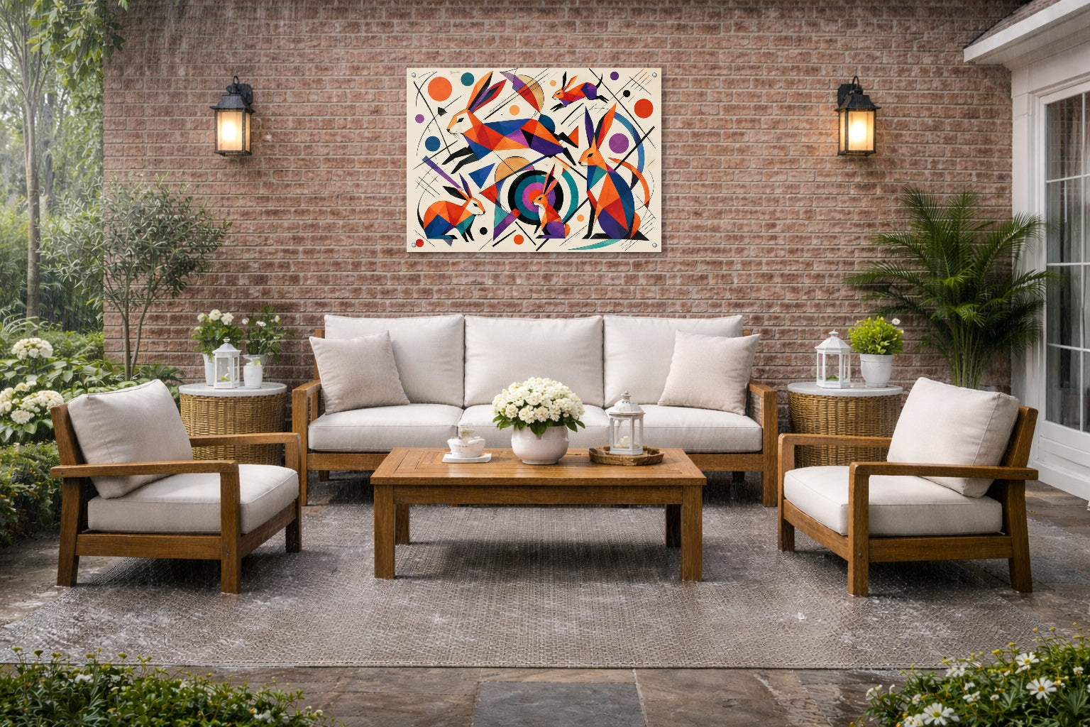 Wild Rabbits - Geometric Painting printed on water resistant canvas and mounted on a waterproof frame. Hung on a patio wall.