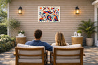 Wild Rabbits - Geometric Painting printed on water resistant canvas and mounted on a waterproof frame. Hung on a patio wall with couple.