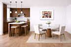 Wild Rabbits - Geometric Painting printed on fine art paper, framed on a white frame and matted. Hung on a kitchen-dinette wall.