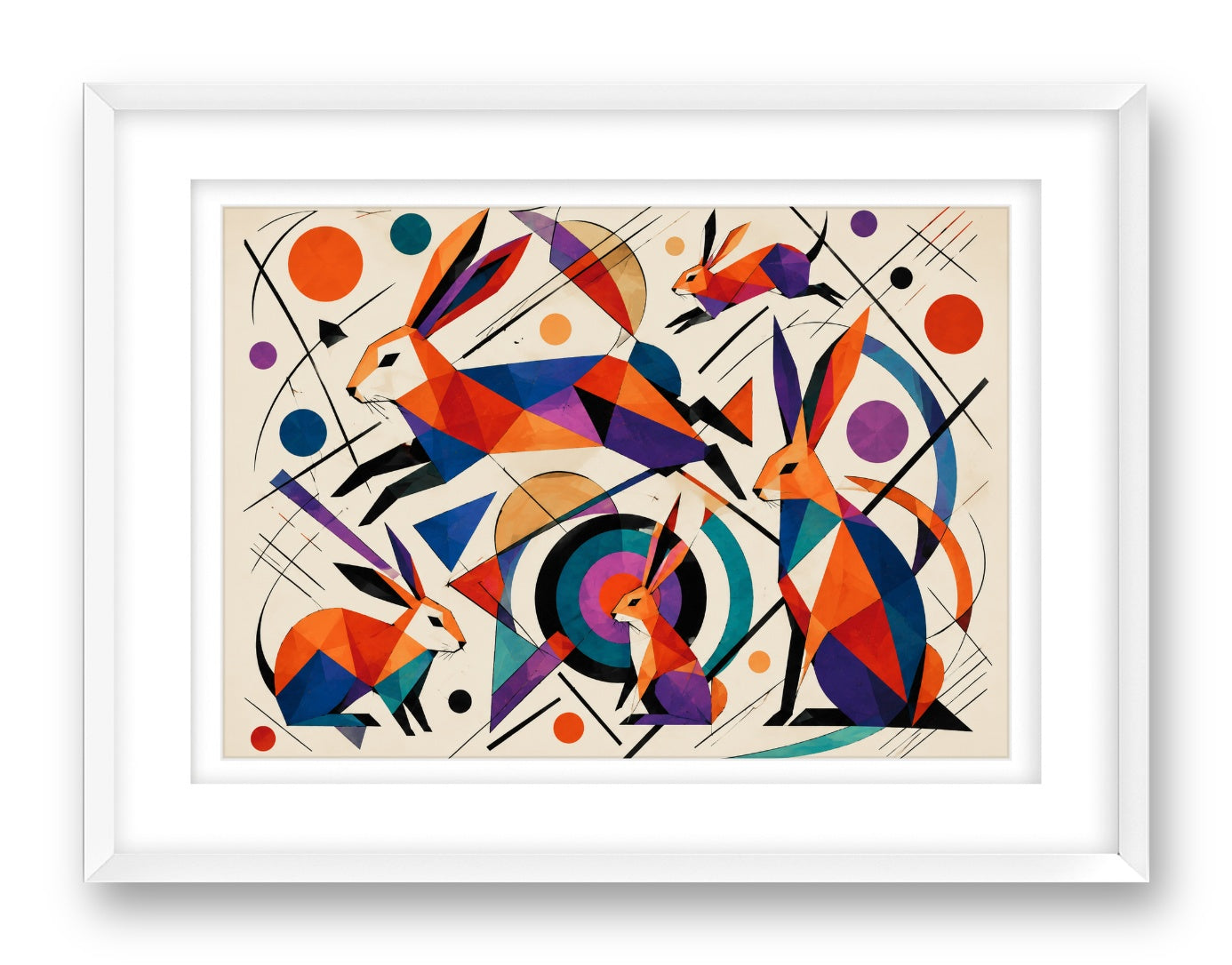 Wild Rabbits printed on fine art paper, framed on a white frame and matted.