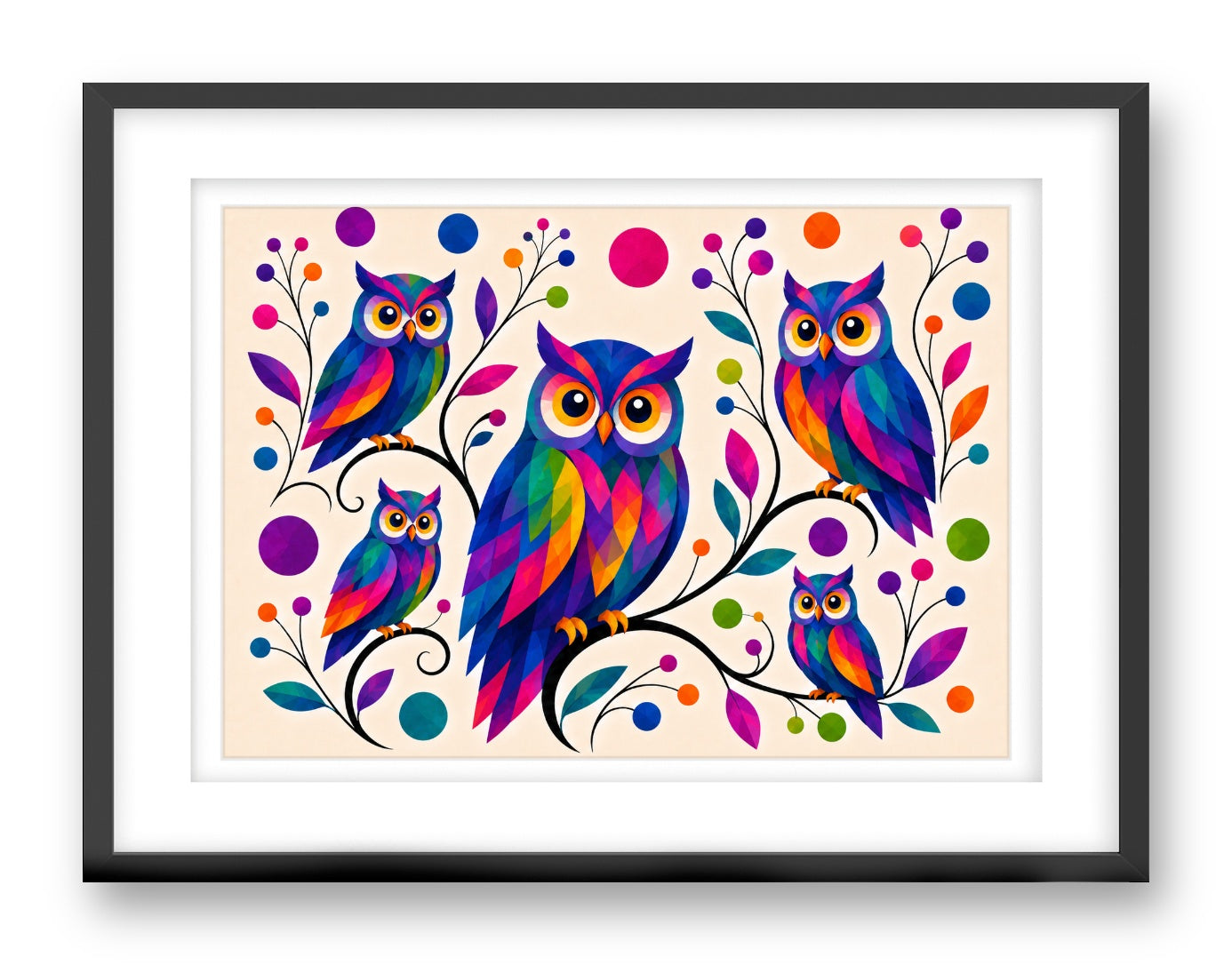 Whimsical Owls printed on fine art paper, framed on a black frame and matted.