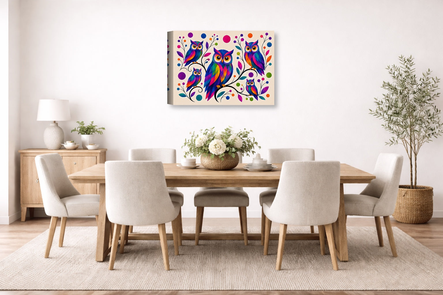 Whimsical Owls - Geometric Painting printed on canvas wall art displayed on a wall in the dinning room