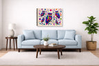 Whimsical Owls - Geometric Painting printed on canvas wall art displayed above a couch in a living room