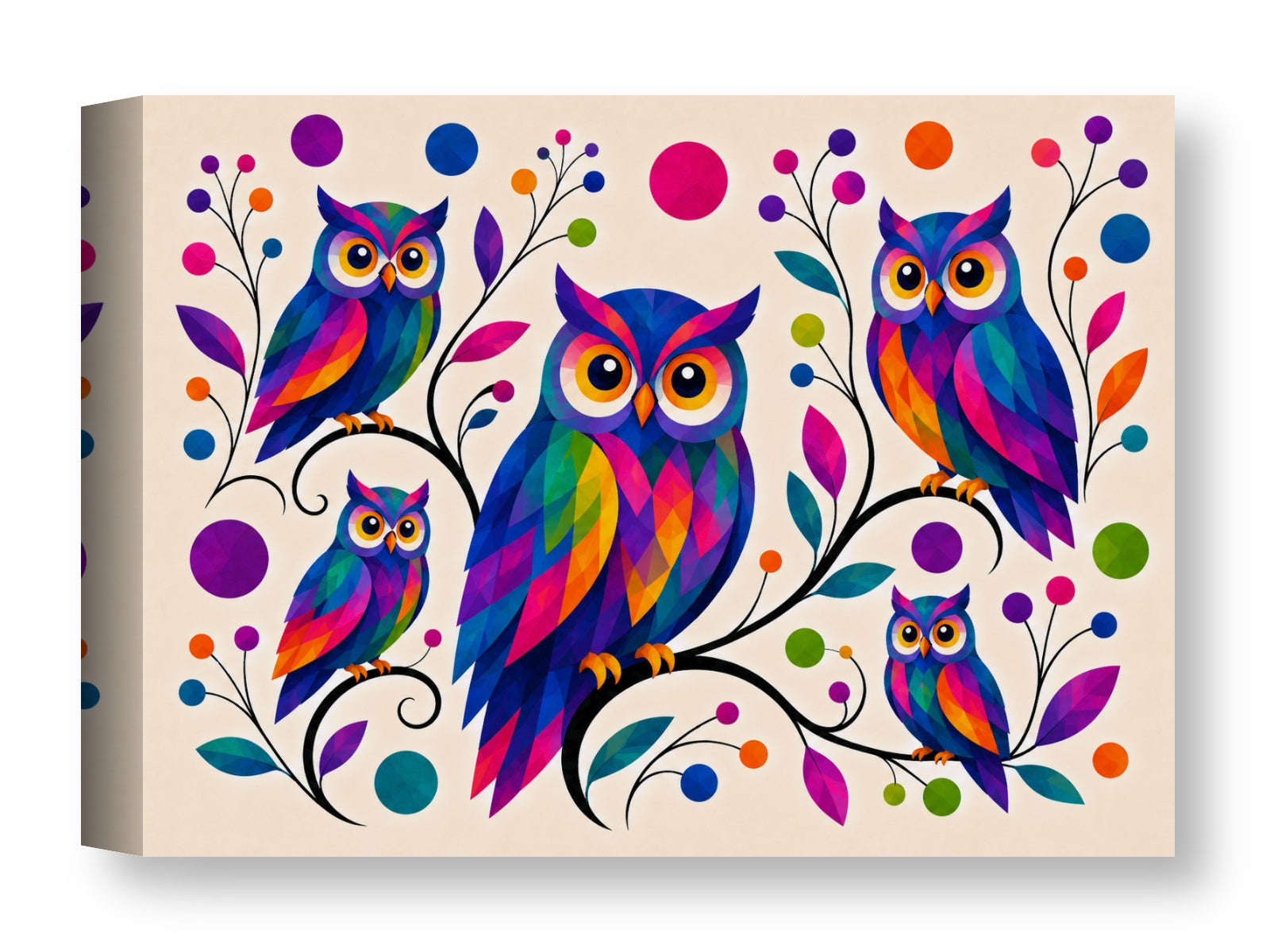 Whimsical Owls - Geometric Painting printed on water resistant canvas wrapped on a wood frame