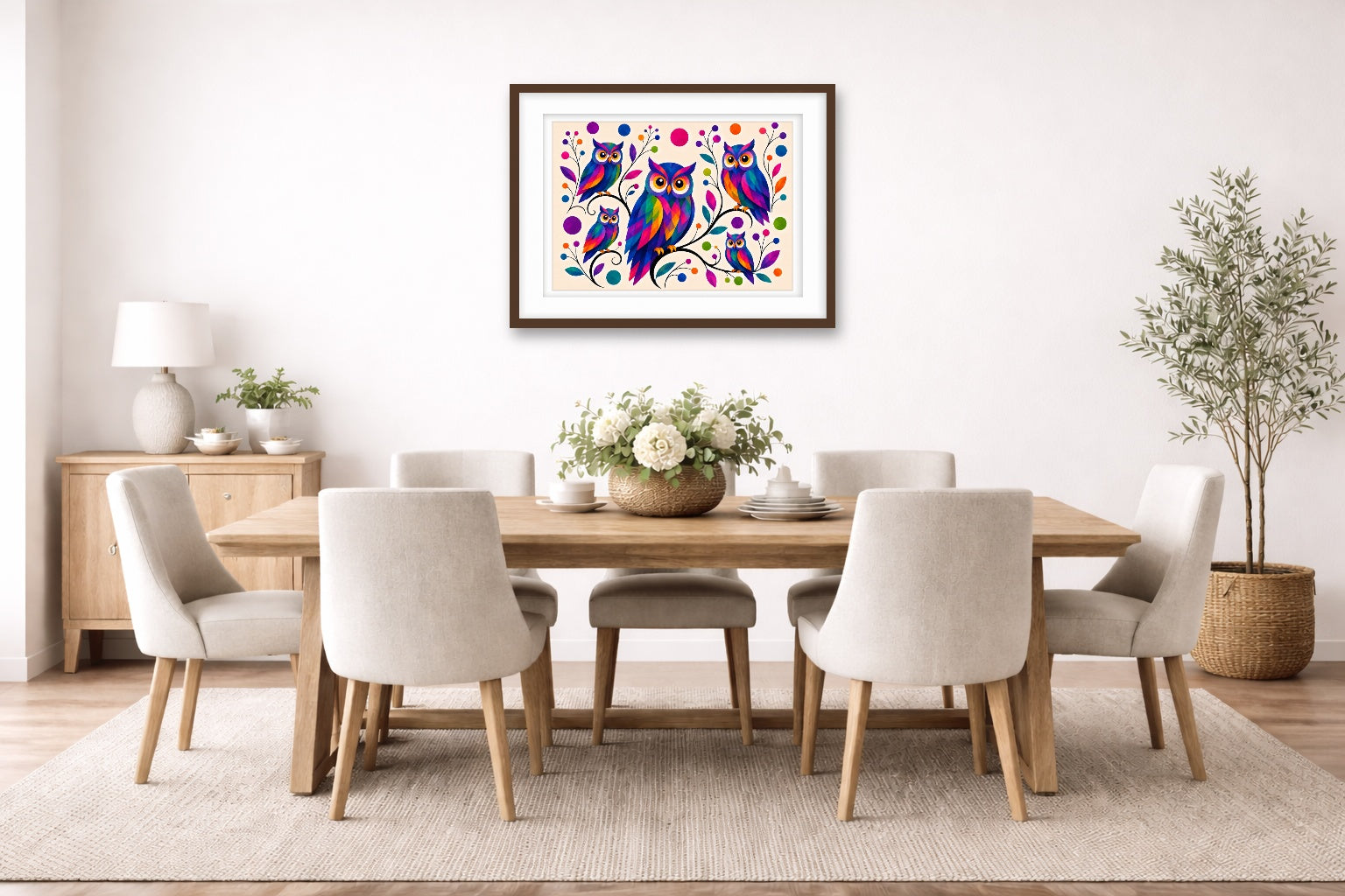 Whimsical Owls - Geometric Painting printed on fine art paper, framed on a espresso frame and matted. Hung on a dinning room wall