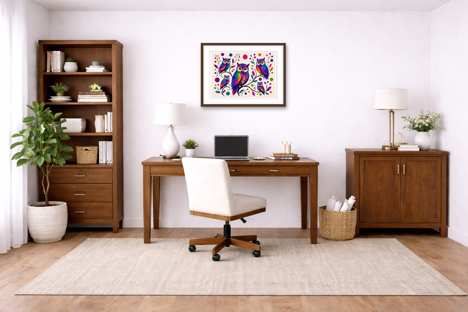 Whimsical Owls - Geometric Painting printed on fine art paper, framed on a espresso frame and matted. Hung on a living home office wall.
