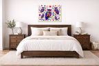 Whimsical Owls - Geometric Painting printed on aluminum metal with wall anchors. Hung on a bedroom wall.