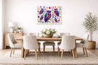 Whimsical Owls - Geometric Painting printed on aluminum metal with wall anchors. Hung on a dining room wall.