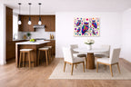 Whimsical Owls - Geometric Painting printed on aluminum metal with wall anchors. Hung on a kitchen-dinette wall.