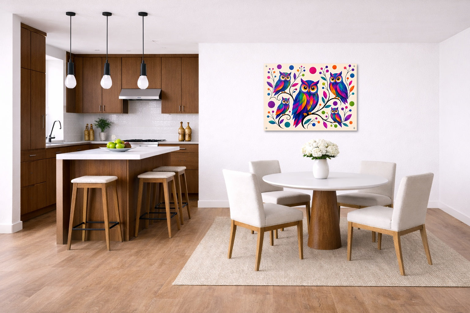 Whimsical Owls - Geometric Painting printed on aluminum metal with wall anchors. Hung on a kitchen-dinette wall.