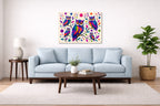 Whimsical Owls - Geometric Painting printed on aluminum metal with wall anchors. Hung on a living room wall.