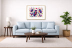 Whimsical Owls - Geometric Painting printed on fine art paper, framed on a oak frame and matted. Hung on a living room wall.