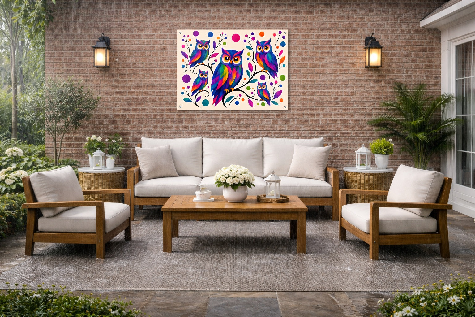 Whimsical Owls - Geometric Painting printed on water resistant canvas and mounted on a waterproof frame. Hung on a patio wall.