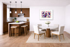 Whimsical Owls - Geometric Painting printed on fine art paper, framed on a white frame and matted. Hung on a kitchen-dinette wall.
