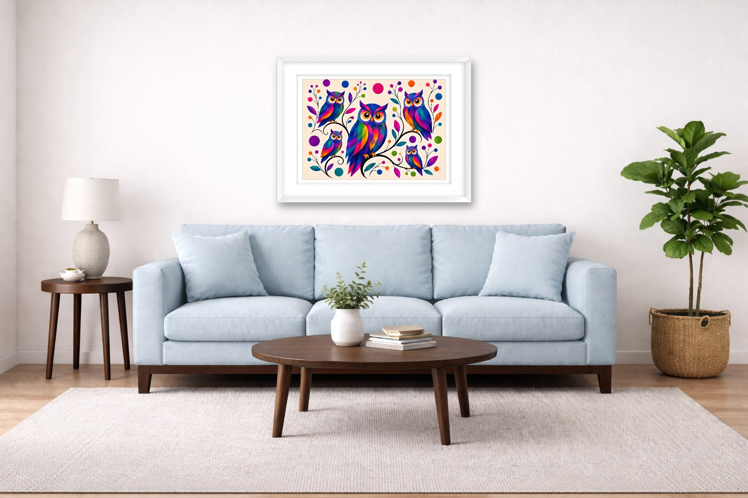 Whimsical Owls - Geometric Painting printed on fine art paper, framed on a white frame and matted. Hung on a living room wall.
