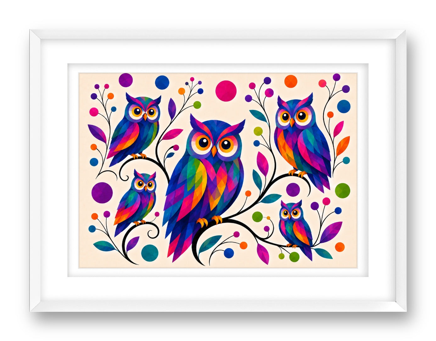 Whimsical Owls printed on fine art paper, framed on a white frame and matted.