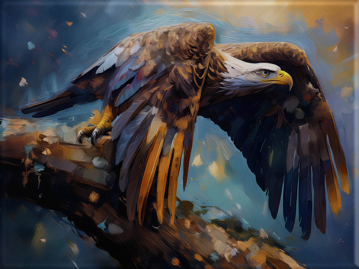 Eagle oil painting of the bird ready to take off from a tree branch