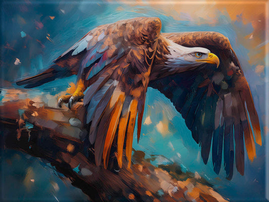 Eagle oil painting of the bird ready to take off from a tree branch