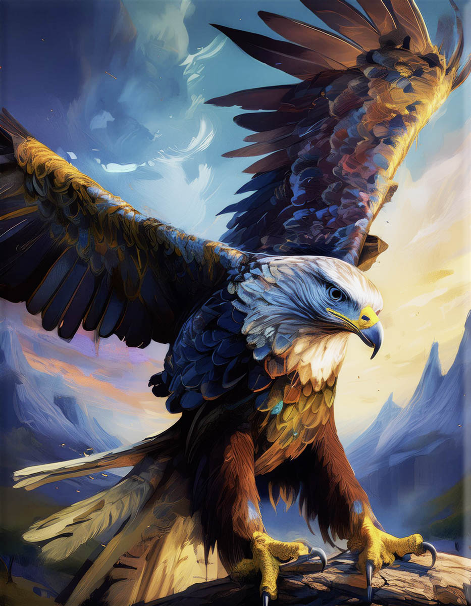 Eagle painting of the perfect landing on  mountain top