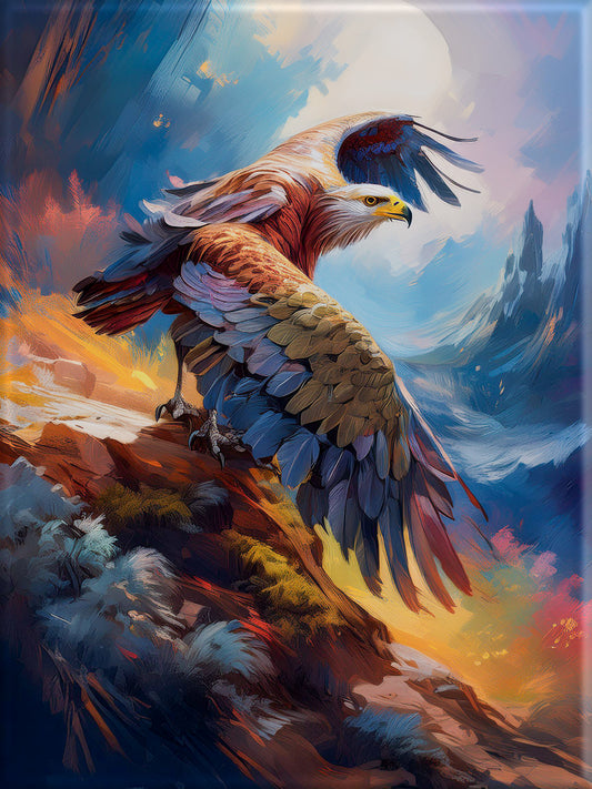 Eagle Painting with a majestic bald eagle flying over a mountain range.