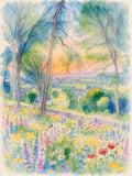 Watercolor landscape painting of a sunlit meadow filled with yellow, purple, pink, and white wildflowers, framed by tall slender trees with blue-green foliage. The sun sets over a distant valley with small houses and rolling hills.