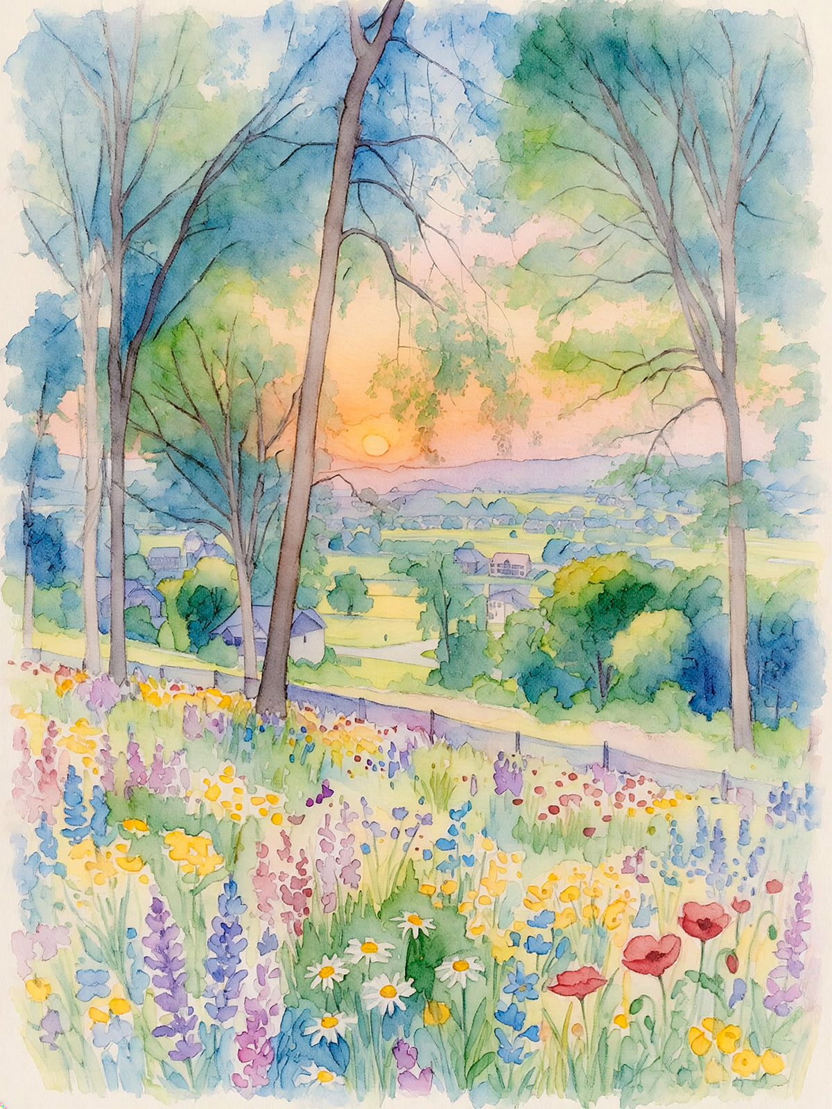 Watercolor landscape painting of a sunlit meadow filled with yellow, purple, pink, and white wildflowers, framed by tall slender trees with blue-green foliage. The sun sets over a distant valley with small houses and rolling hills.