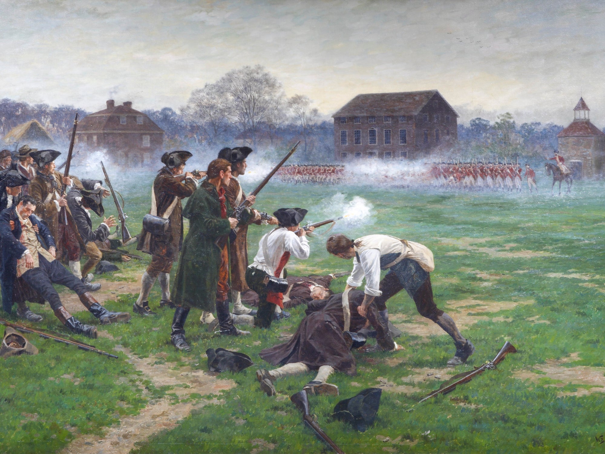 Painting of a historical scene with people in colonial attire on a grassy field.