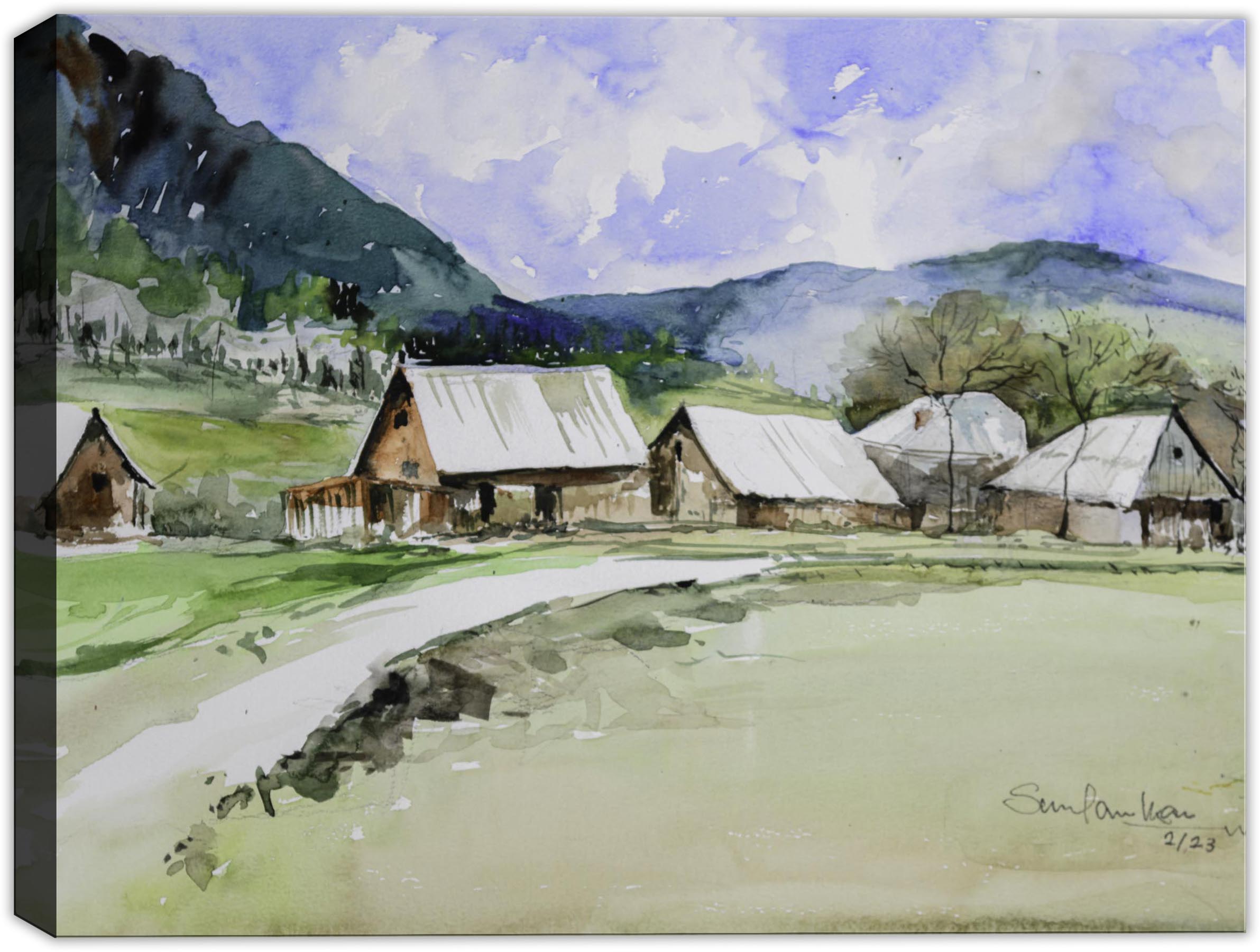 Village in the Hills - Watercolor painting on Canvas