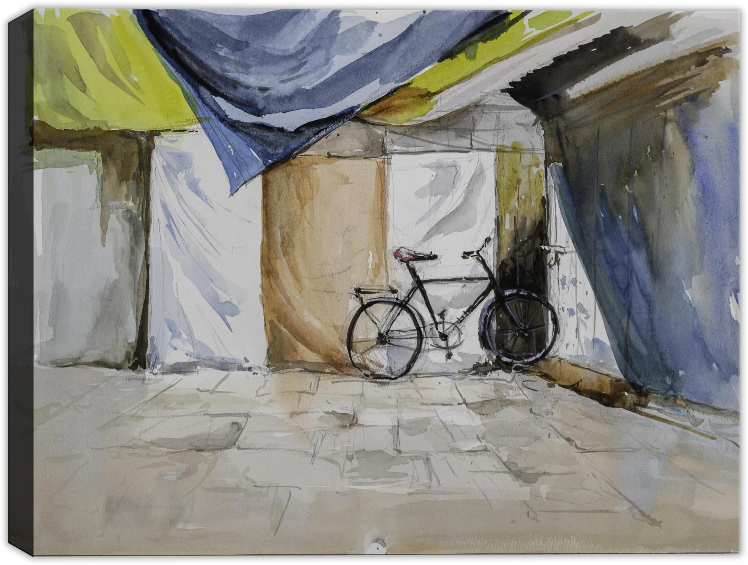 Bicycle Parked in Village - Watercolor Painting on Canvas