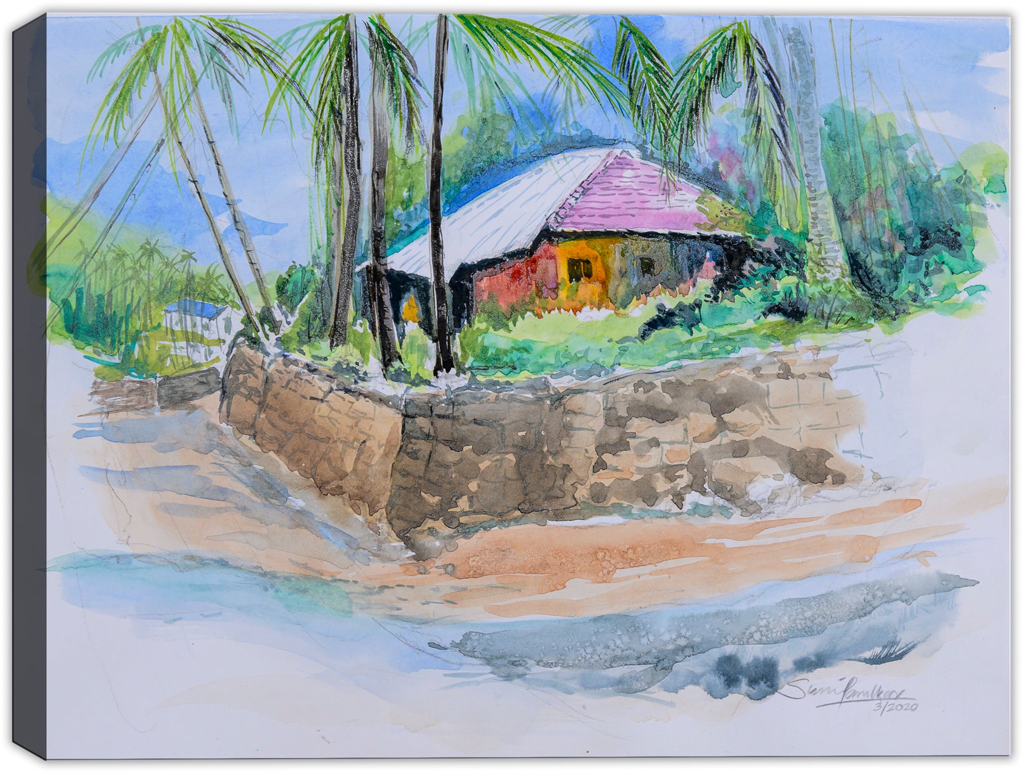 Palm Tree Painting - Watercolor Painting of home and road