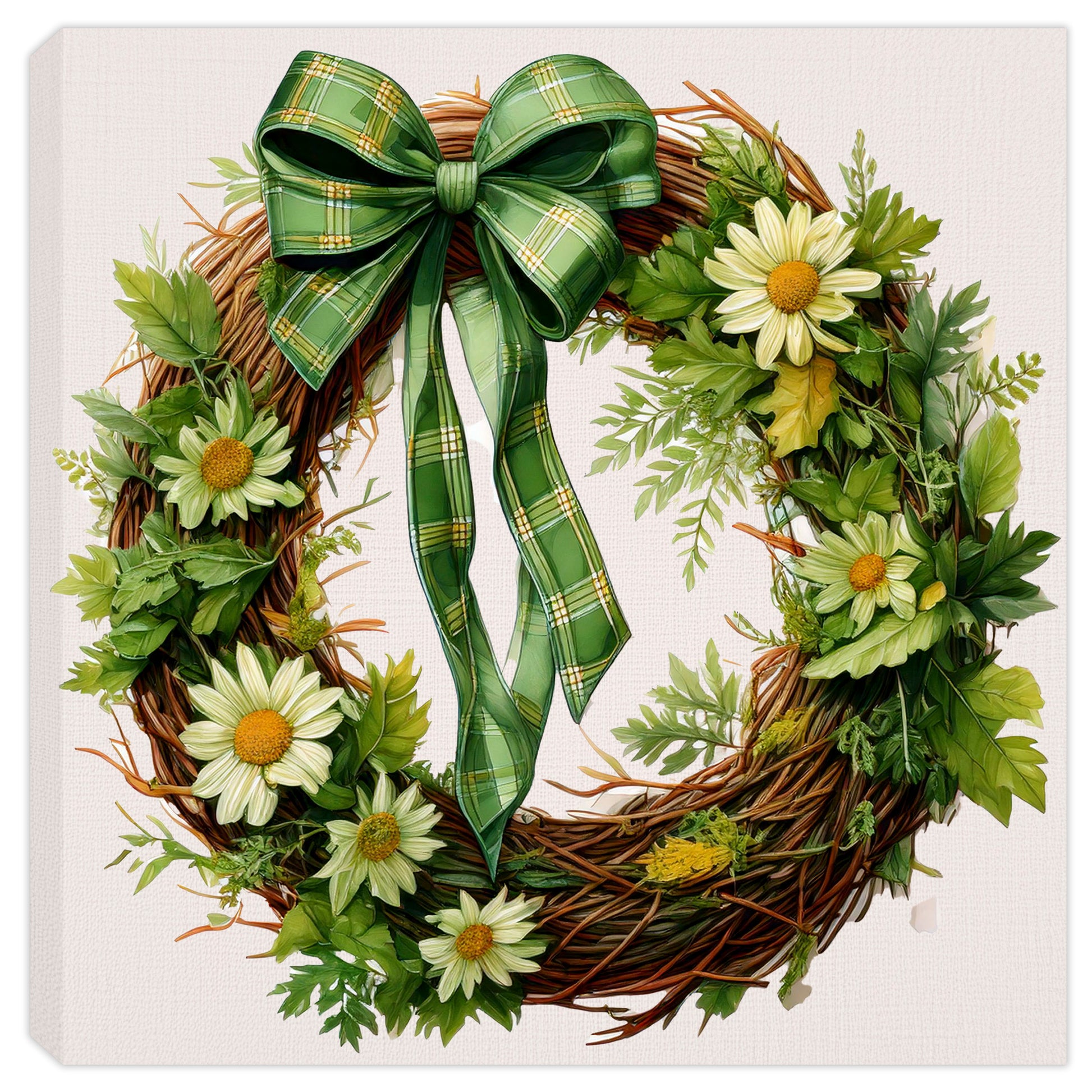 Spring Wreath with Green Daisies and Plaid Bow