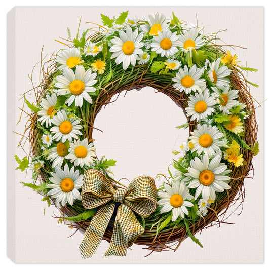 White Daisy Wreath with Plaid Bow on Grapevine Wreath Base