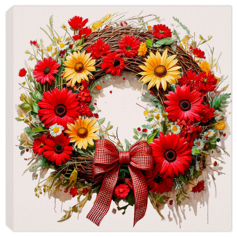 Red & Yellow Daisy Spring Wreath with Red Bow on Canvas